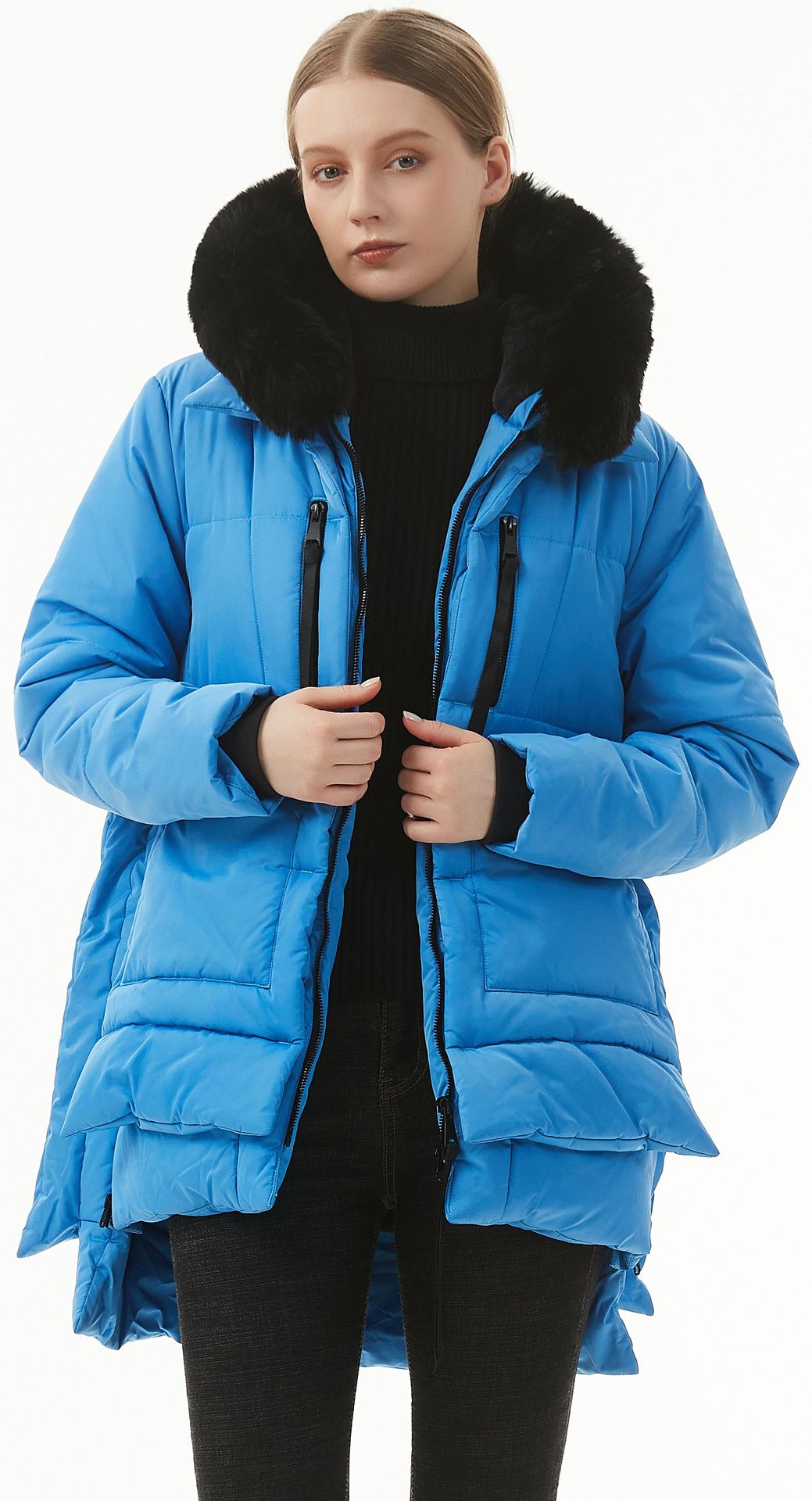 jackets  | Women's Casual Hooded Middle Long Cotton-padded Coat | Denim Blue |  L| thecurvestory.myshopify.com