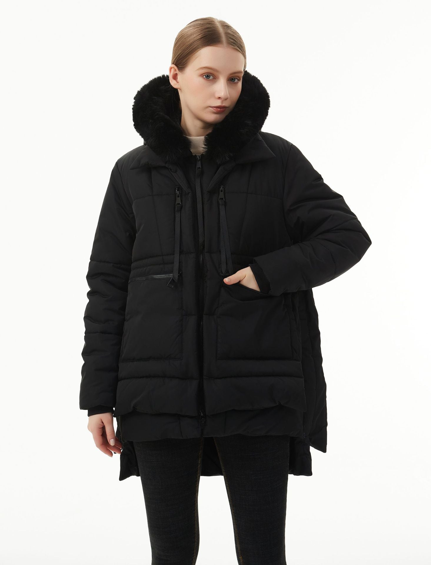 jackets  | Women's Casual Hooded Middle Long Cotton-padded Coat | Black |  L| thecurvestory.myshopify.com