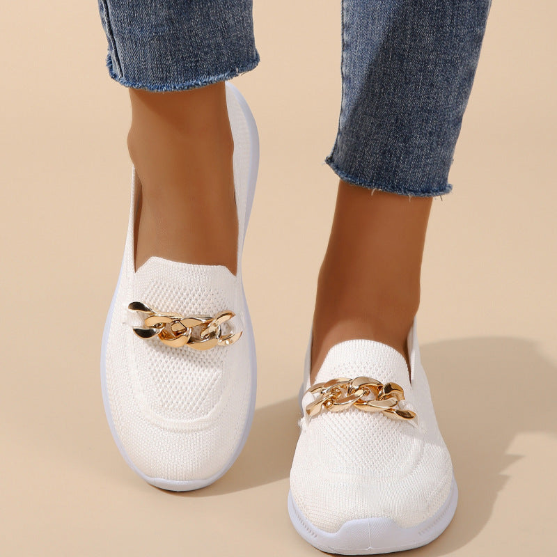 Trainers & Sneakers  | Chain Flats Shoes Women Mesh Sports Walking Shoes | White |  Size36| thecurvestory.myshopify.com
