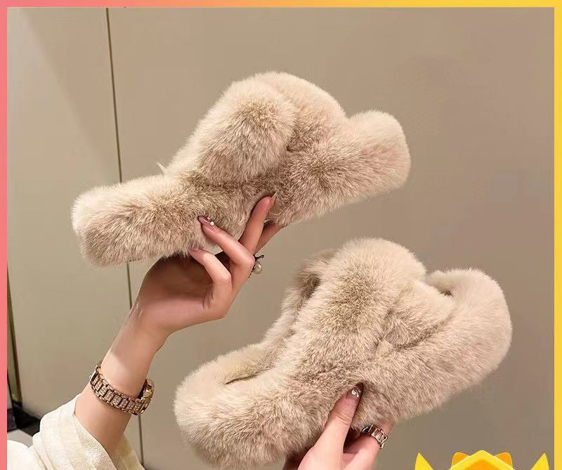 Slippers  | Women Fleece cross strap slippers | 4 Cross Belt Khaki |  36to37| thecurvestory.myshopify.com