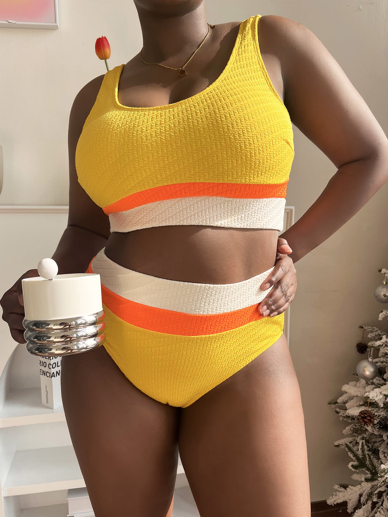 Swimsuit  | Plus Size Multi-color Mosaic Vest Bikini Swimsuit | Yellow |  0XL| thecurvestory.myshopify.com