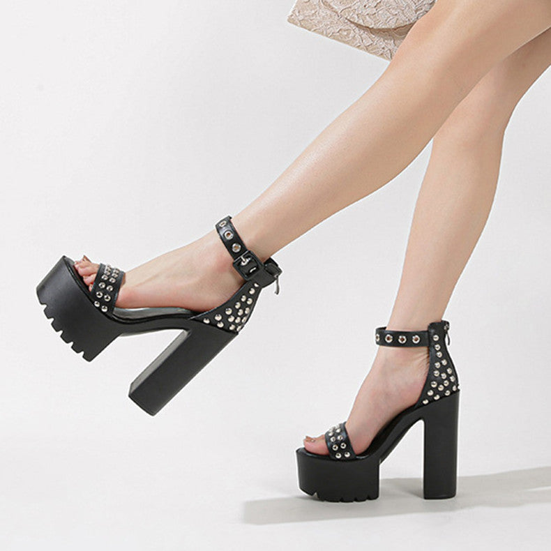 Heeled Sandals  | Women High Heel Platform Chunky Heeled Sandals | Black |  34| thecurvestory.myshopify.com