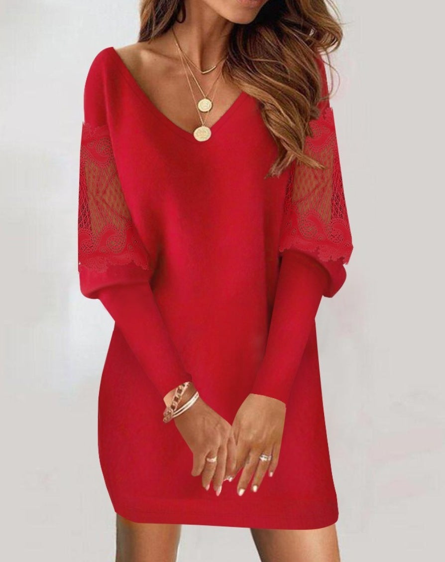 Dress  | Long-sleeved V-neck Lace Splicing Dress For Women | Red |  L| thecurvestory.myshopify.com