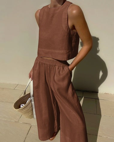 Jumpsuit  | Loose Solid Color Sleeveless Shirt And Trousers Two-piece Set | Dark brown |  L| thecurvestory.myshopify.com