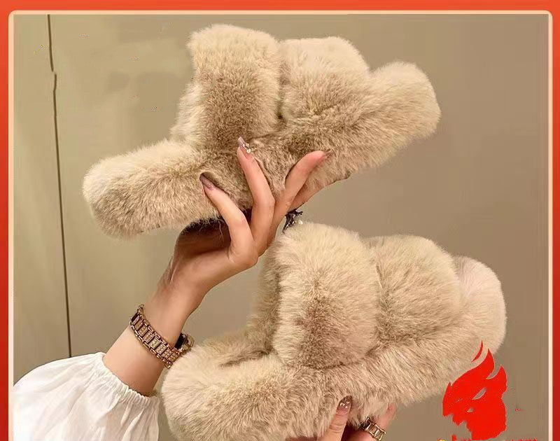 Slippers  | Women Fleece cross strap slippers | 4 Parallel Belt Khaki |  36to37| thecurvestory.myshopify.com
