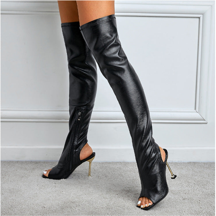 Women's Square Toe peep toe Over Knee Side Zip Boots  Heeled Boots Thecurvestory