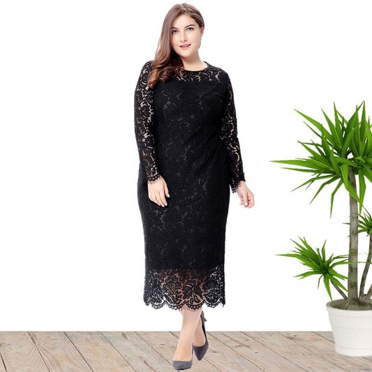 Plus Size Women's Long-sleeved Lace Dress  dresses Thecurvestory