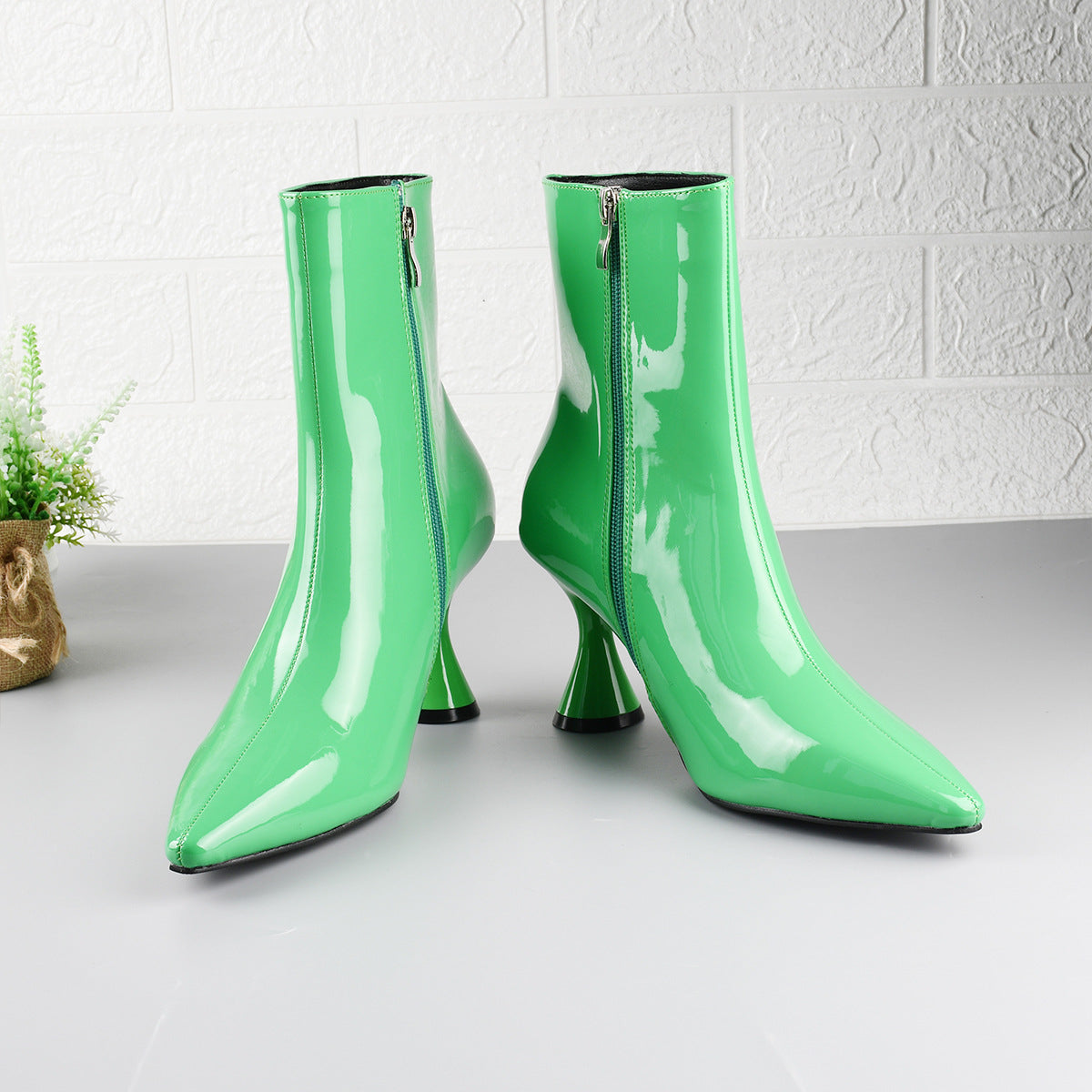 4  | Women Boots Pointed Toe Ankle Boots Side Zipper Shoes | Green |  Size35| thecurvestory.myshopify.com