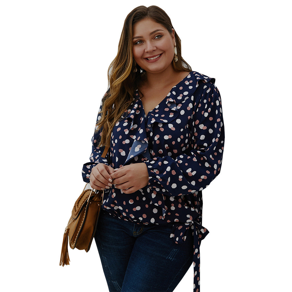 Plus Size Polka Dot Ruffled Long-sleeved Top  Tops Thecurvestory