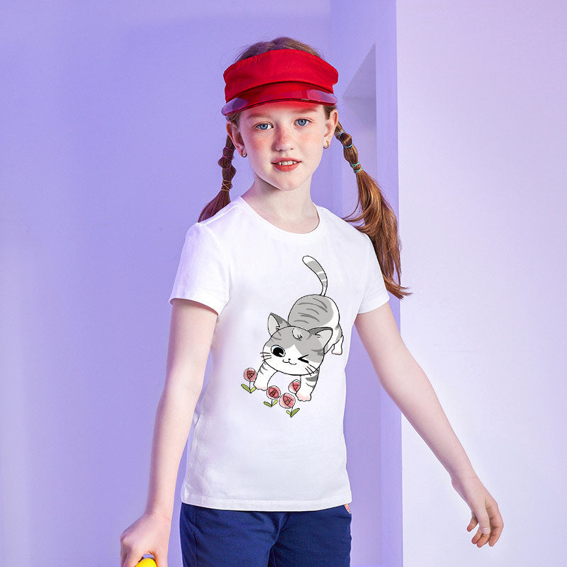 Girls Cute Sweet Kitten Short-Sleeved T-Shirt  Girls T-shirt Thecurvestory