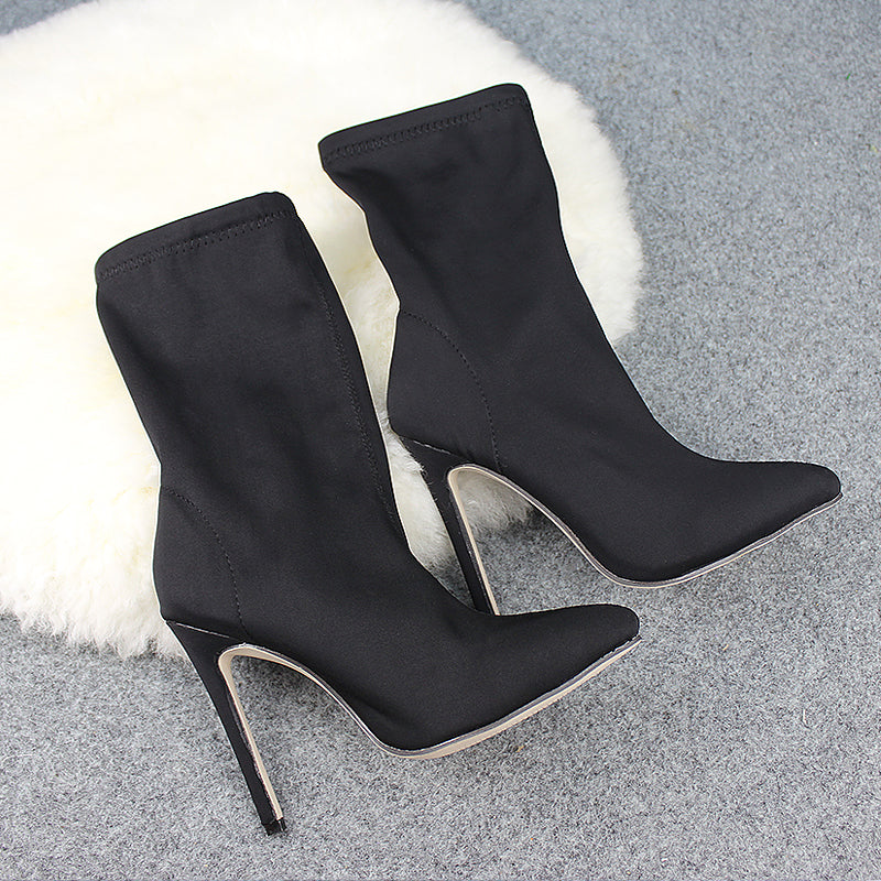 Heeled Boots  | Stretch cloth fine high heels | Black |  35| thecurvestory.myshopify.com