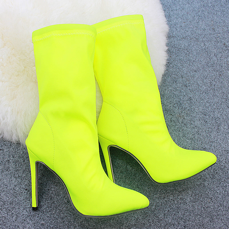 Heeled Boots  | Stretch cloth fine high heels | Green |  35| thecurvestory.myshopify.com