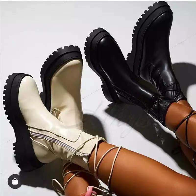 women chunky heel round tie-up boot  Boots Thecurvestory