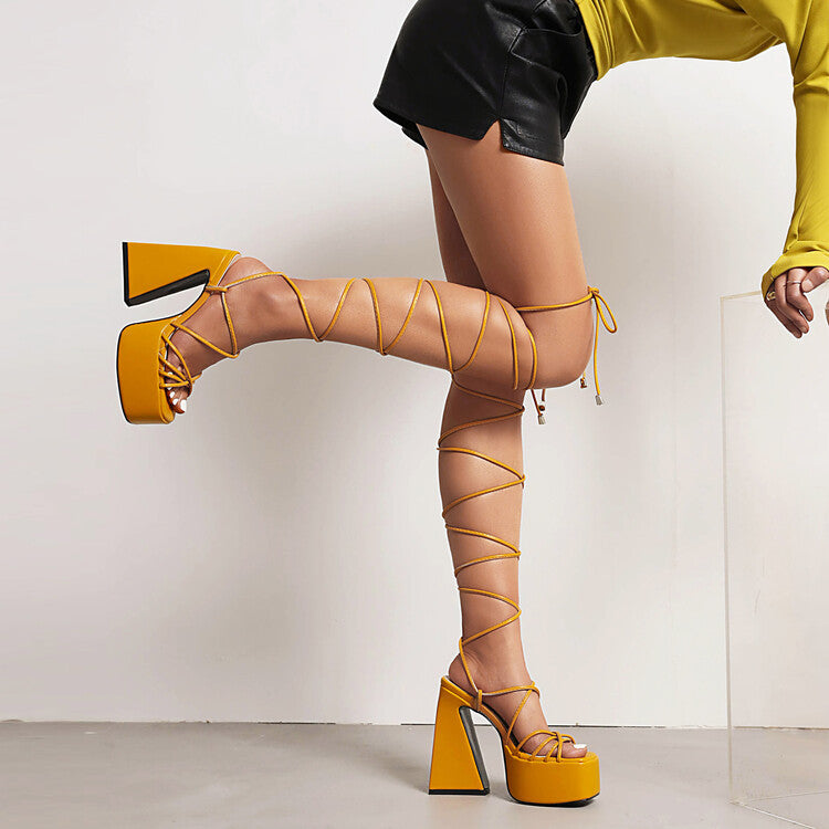 Women's Square Toe Tie-up Platform heeled Sandals  Heeled Sandals Thecurvestory