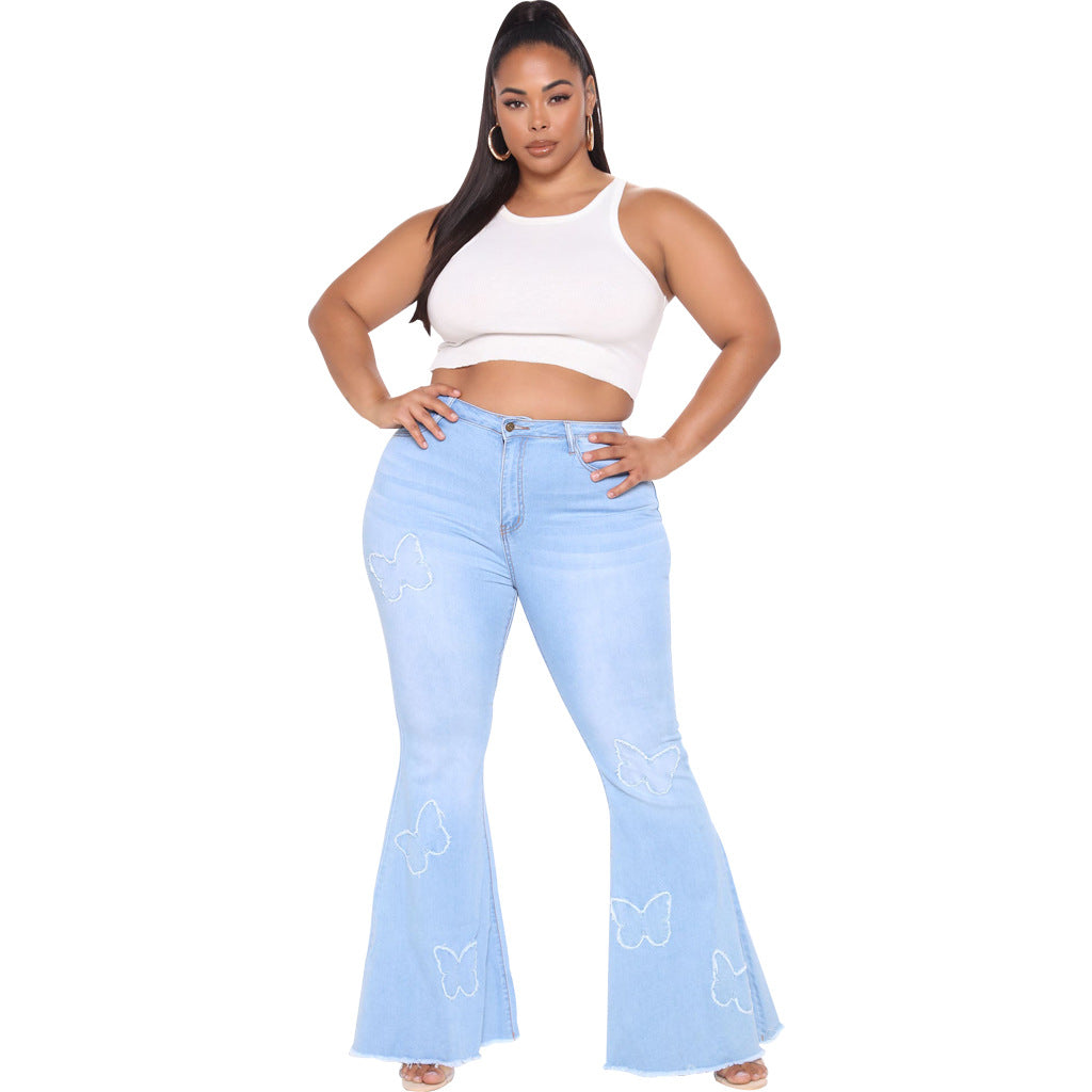 Plus Size Butterfly Embellished Wide Leg denims  Jeans Thecurvestory