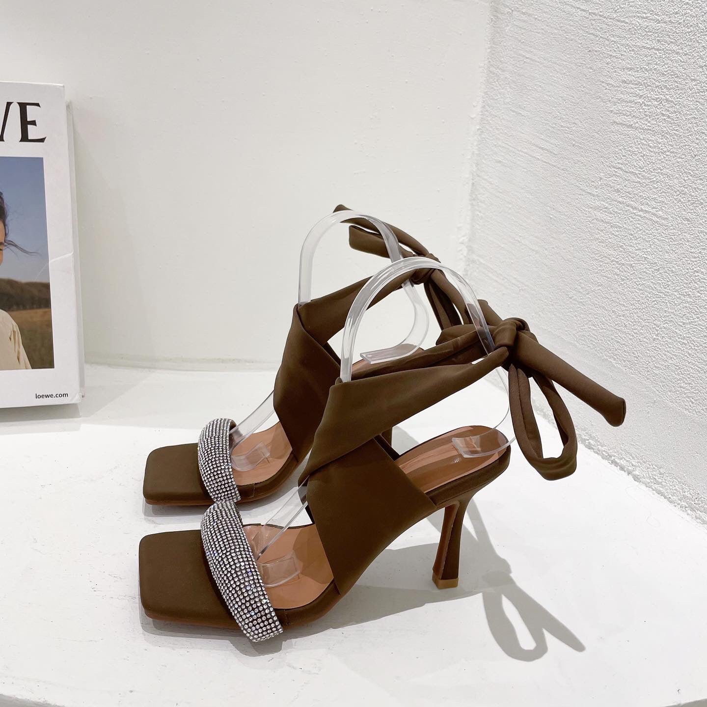 Heeled Sandals  | Women Stiletto Heel Sandals With Rhinestone Straps | Khaki |  35| thecurvestory.myshopify.com