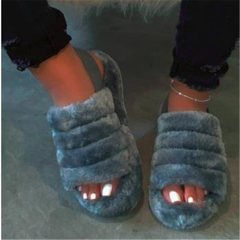 Plus size thick sole furry fur slippers  sandals Thecurvestory