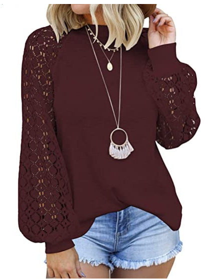 Tops  | Round Collar Long Sleeves Lace Stitching Blouse Woman | Wine Red |  2XL| thecurvestory.myshopify.com