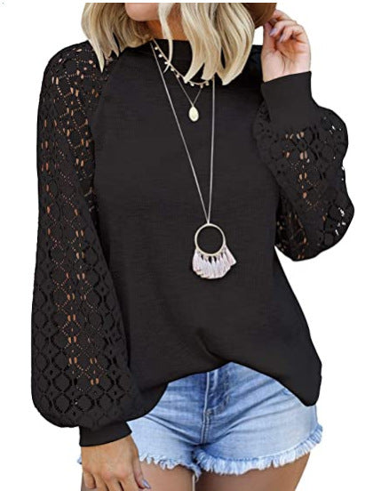 Tops  | Round Collar Long Sleeves Lace Stitching Blouse Woman | Black |  2XL| thecurvestory.myshopify.com