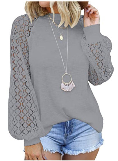 Tops  | Round Collar Long Sleeves Lace Stitching Blouse Woman | Grey |  2XL| thecurvestory.myshopify.com