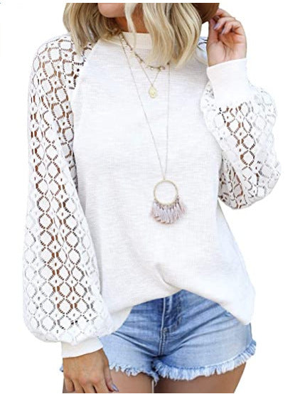 Tops  | Round Collar Long Sleeves Lace Stitching Blouse Woman | White |  2XL| thecurvestory.myshopify.com