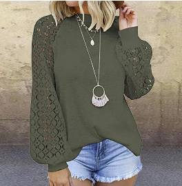Tops  | Round Collar Long Sleeves Lace Stitching Blouse Woman | Green |  2XL| thecurvestory.myshopify.com