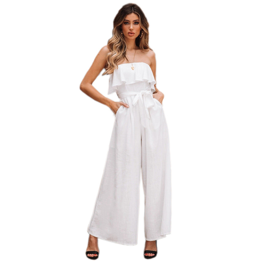 Jumpsuit  | Sexy Tube Top High Waist Wide Leg Casual Trousers Suit Belted Pants Jumpsuit | White |  2XL| thecurvestory.myshopify.com