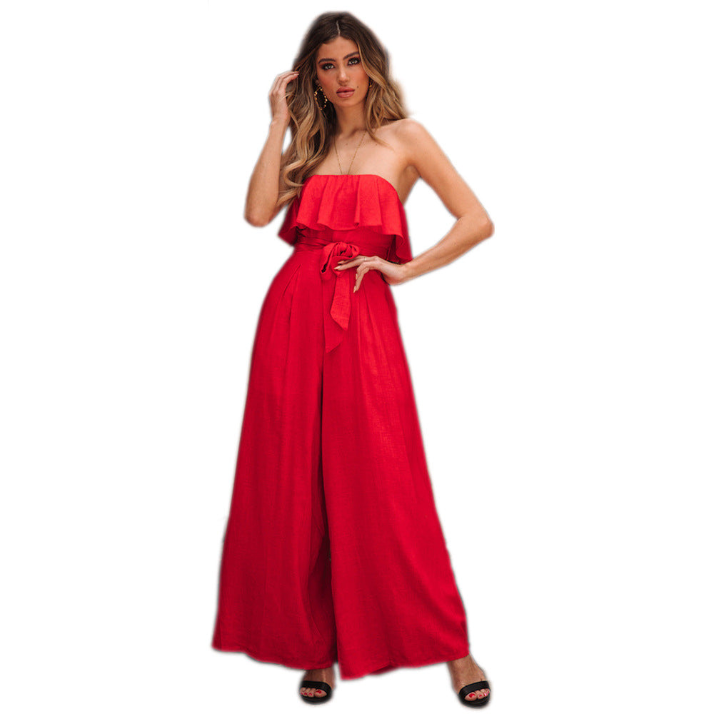Jumpsuit  | Sexy Tube Top High Waist Wide Leg Casual Trousers Suit Belted Pants Jumpsuit | Red |  2XL| thecurvestory.myshopify.com