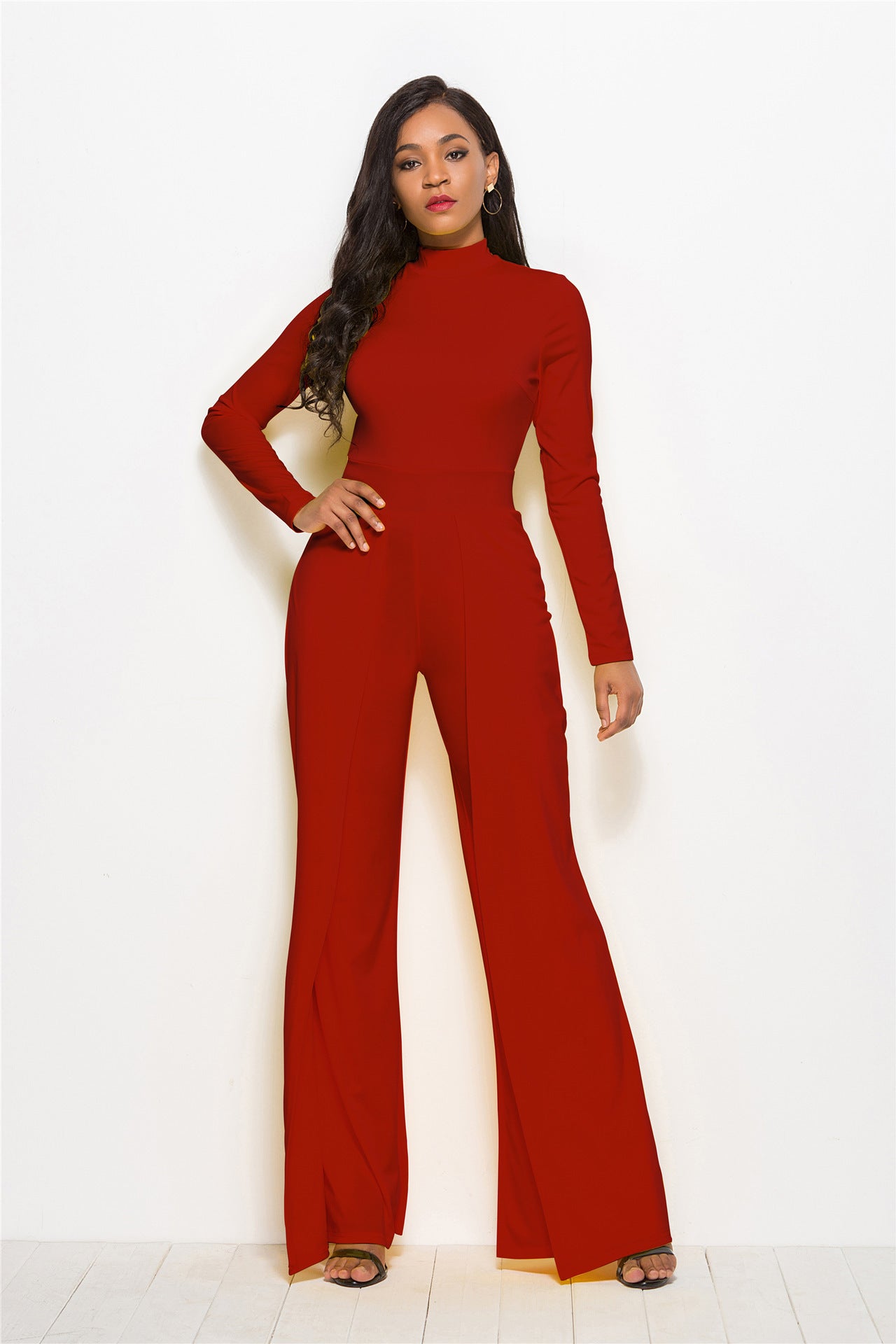 Jumpsuit  | Fashion Round Neck Long Sleeve Wide Leg Jumpsuit | Red |  2XL| thecurvestory.myshopify.com