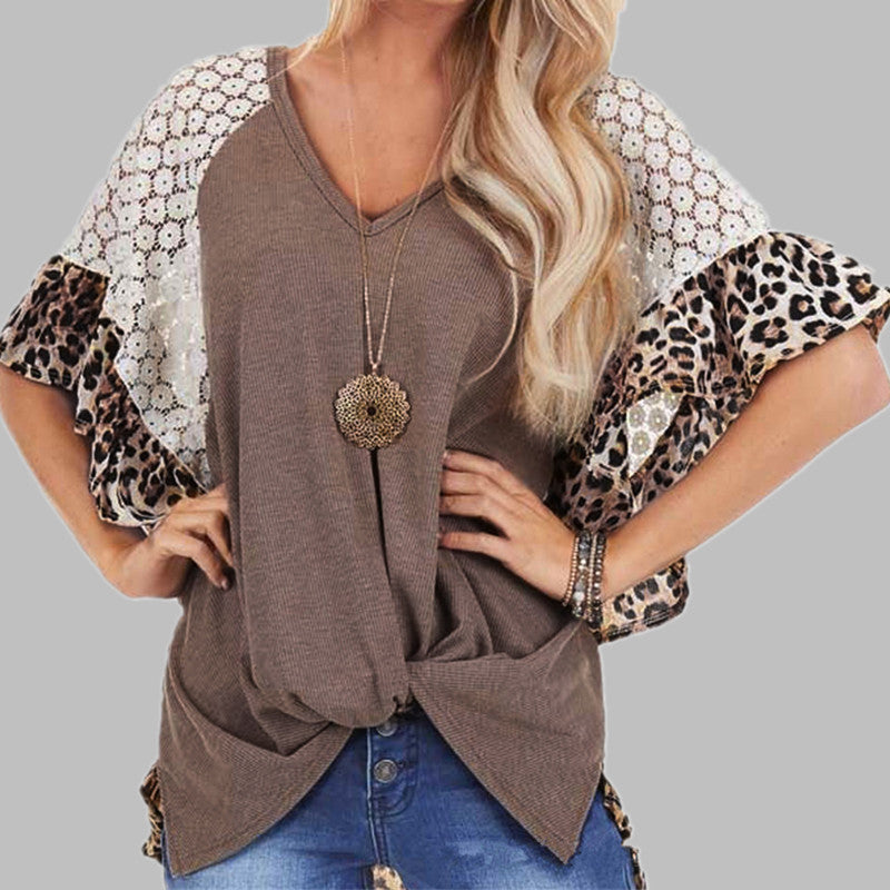 Tops  | Plus size Leopard Patchwork T-shirt  V-neck women’s top | Brown |  2XL| thecurvestory.myshopify.com