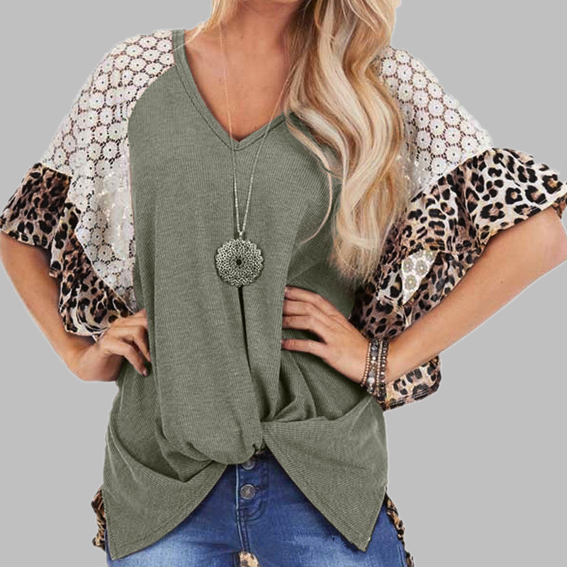 Tops  | Plus size Leopard Patchwork T-shirt  V-neck women’s top | [option1] |  [option2]| thecurvestory.myshopify.com