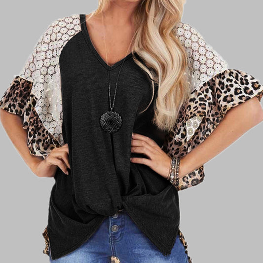 Tops  | Plus size Leopard Patchwork T-shirt  V-neck women’s top | Black |  2XL| thecurvestory.myshopify.com