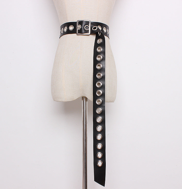 Long Female Black Wide Metal Eyelet Belt  Belts Thecurvestory