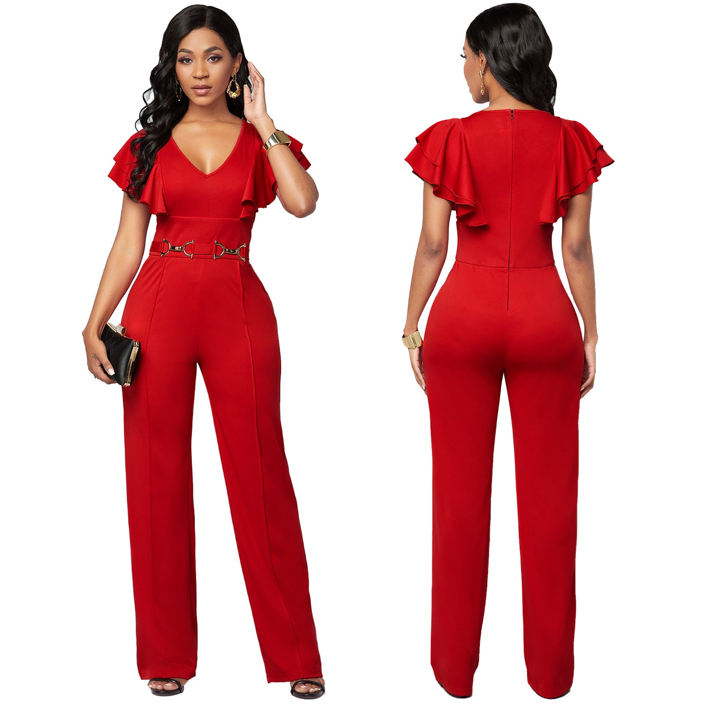 Jumpsuit  | Sexy Casual Fashion Long-sleeved V-neck Women's Jumpsuit | Red |  2XL| thecurvestory.myshopify.com
