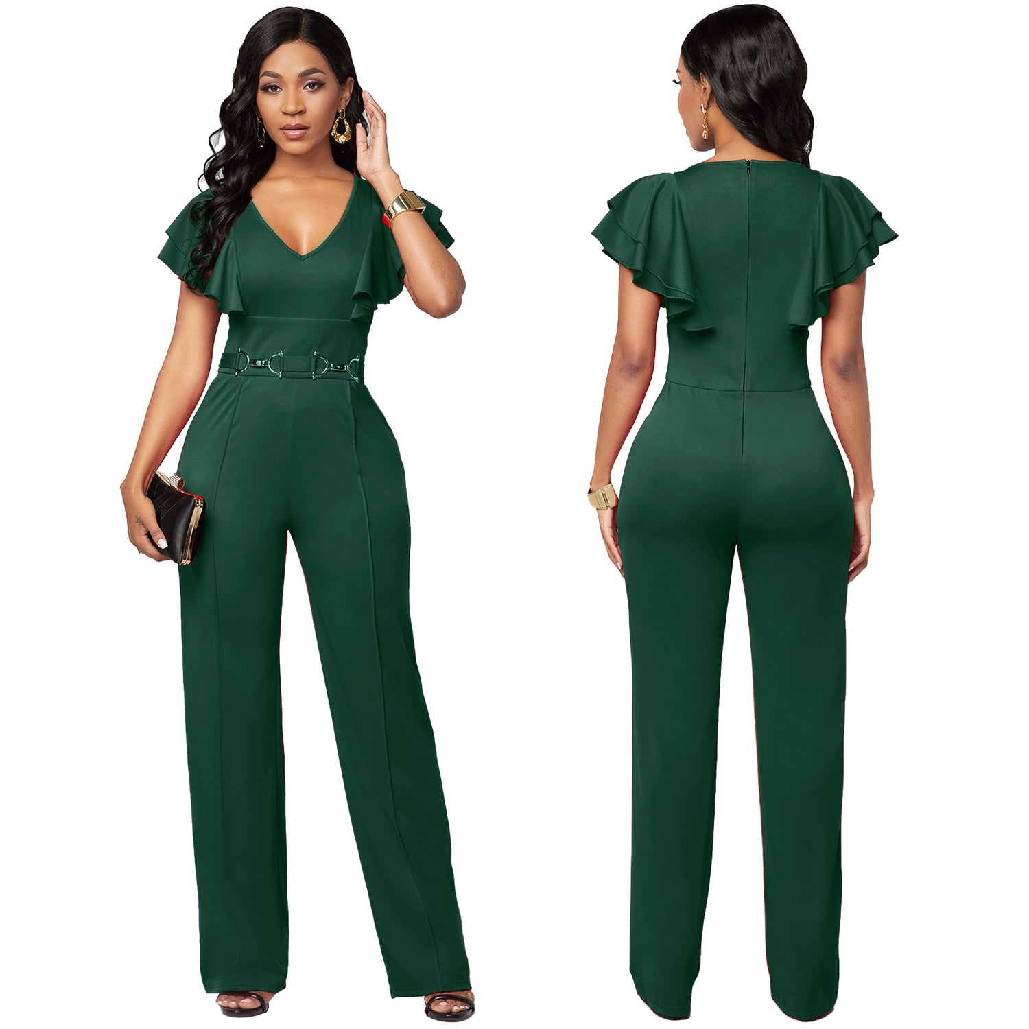 Jumpsuit  | Sexy Casual Fashion Long-sleeved V-neck Women's Jumpsuit | Green |  2XL| thecurvestory.myshopify.com
