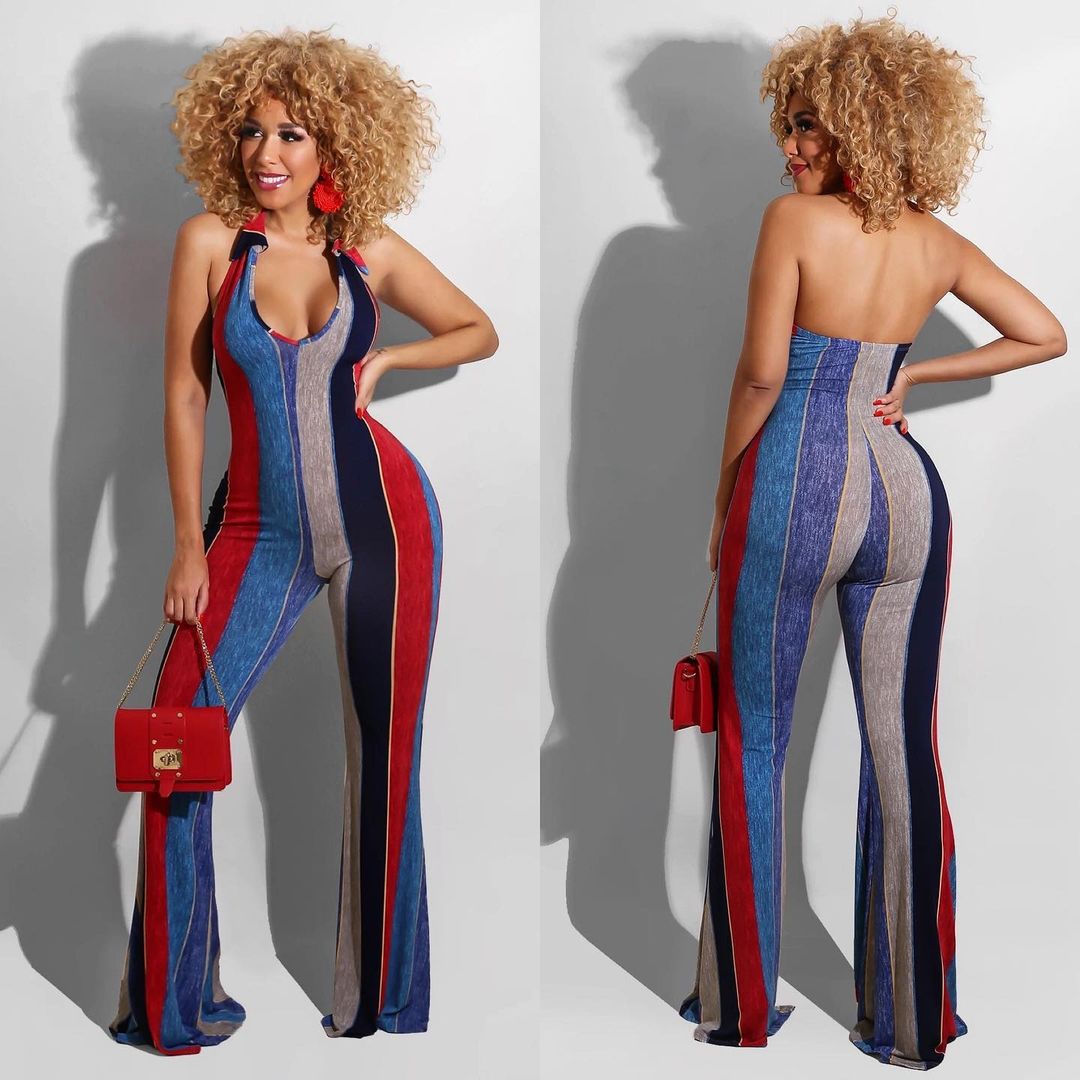 Jumpsuit  | Stand-Alone Slim-Fit Printed Jumpsuit Flared Pants | Red |  2XL| thecurvestory.myshopify.com