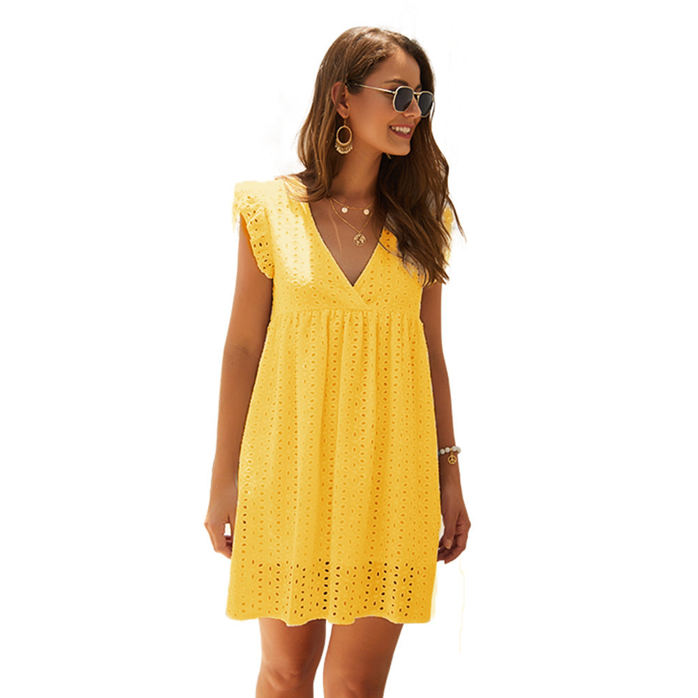 [product_type]  | Summer V-neck Cotton Short Skirt Solid Color Dress | Yellow |  L| thecurvestory.myshopify.com