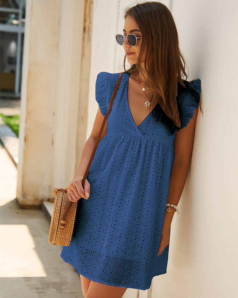 [product_type]  | Summer V-neck Cotton Short Skirt Solid Color Dress | Dark Blue |  L| thecurvestory.myshopify.com