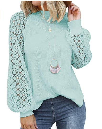 Tops  | Round Collar Long Sleeves Lace Stitching Blouse Woman | Light Green |  2XL| thecurvestory.myshopify.com