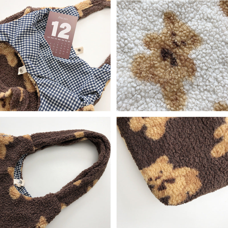 Tote Bag  | Cute Bear Print Bags Winter Lamb Shoulder Bag Women Shopping Handbags | thecurvestory.myshopify.com