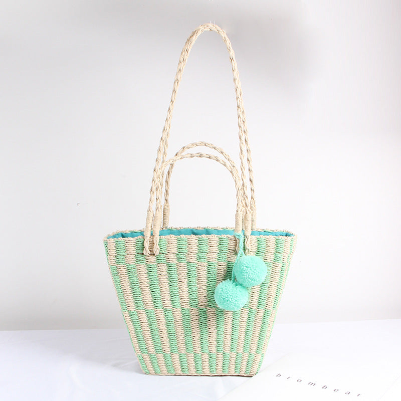 Women's Large Shoulder tote Bag with Pom Pom  straw Bags Thecurvestory