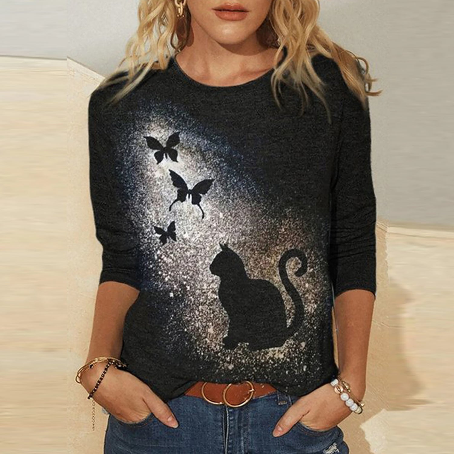 Tshirt  | Knitted Long Sleeve Printed Round Neck Women's T-Shirt | 1style |  2XL| thecurvestory.myshopify.com