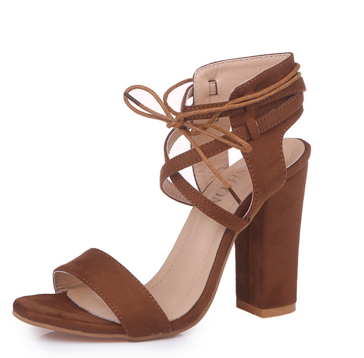 Heeled Sandals  | Super high heel hollow round head with sandals ankle strap buckle women's shoes | Brown |  34| thecurvestory.myshopify.com