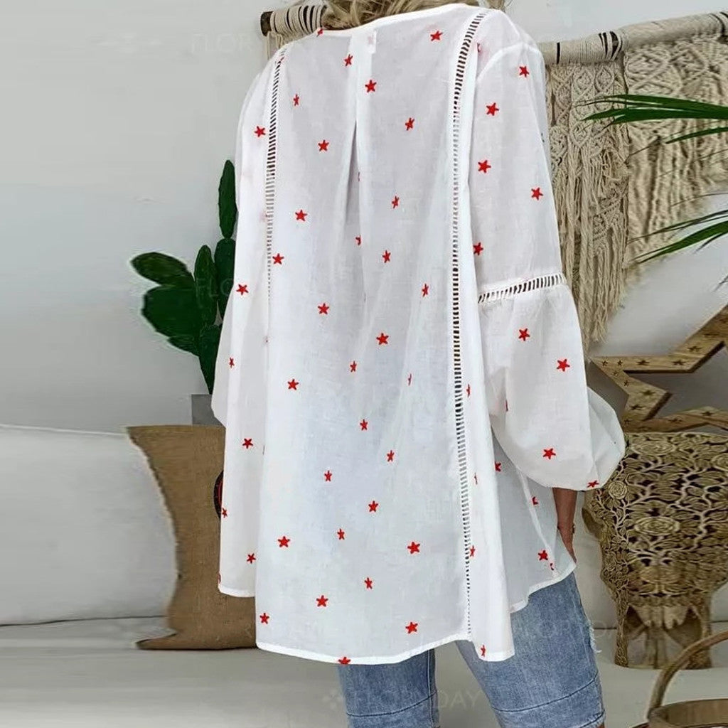 Tops  | Women's long sleeve shirt lace stitching hollow printed shirt | [option1] |  [option2]| thecurvestory.myshopify.com