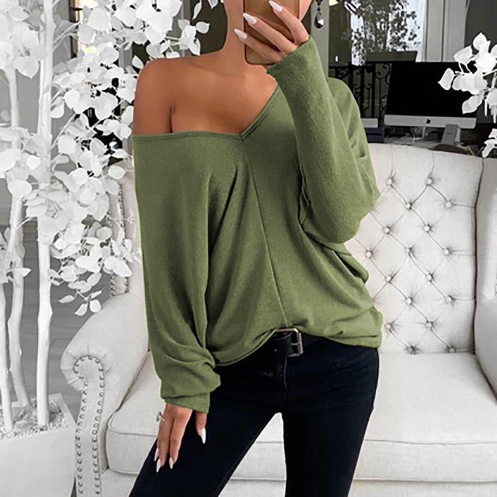 Tops  | Simple Big V-neck Loose Shoulder Sleeves Loose Long-sleeved Top T-shirt | Army green |  3XL| thecurvestory.myshopify.com