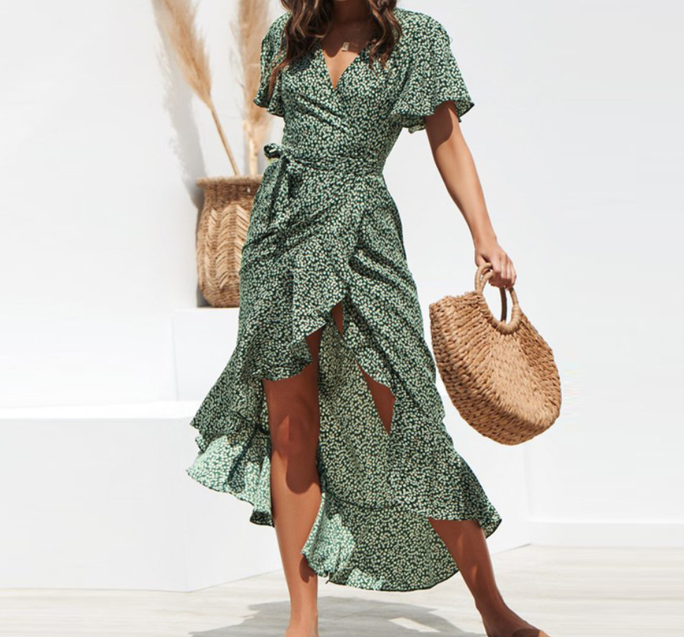 [product_type]  | V-Neck Irregular High-Rise Lace-up Chiffon Print Skirt | Green |  L| thecurvestory.myshopify.com