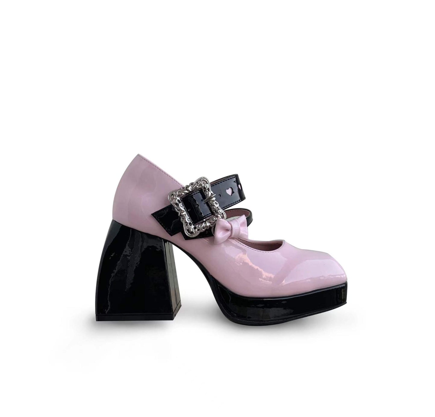 Heeled Pumps  | Women Platform and thick heeled Mary jane Shoes | Black pink |  34| thecurvestory.myshopify.com