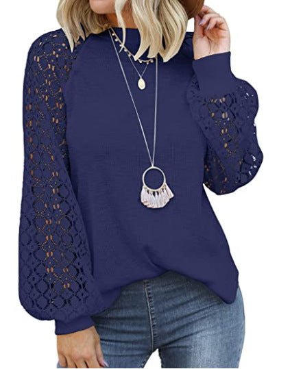 Tops  | Round Collar Long Sleeves Lace Stitching Blouse Woman | Navy Blue |  2XL| thecurvestory.myshopify.com