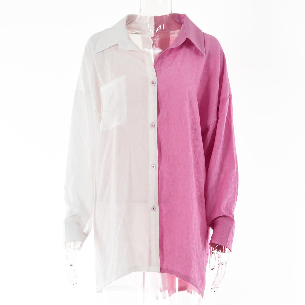 Fashion French Crinkle Contrast Color shirt  Shirt Thecurvestory