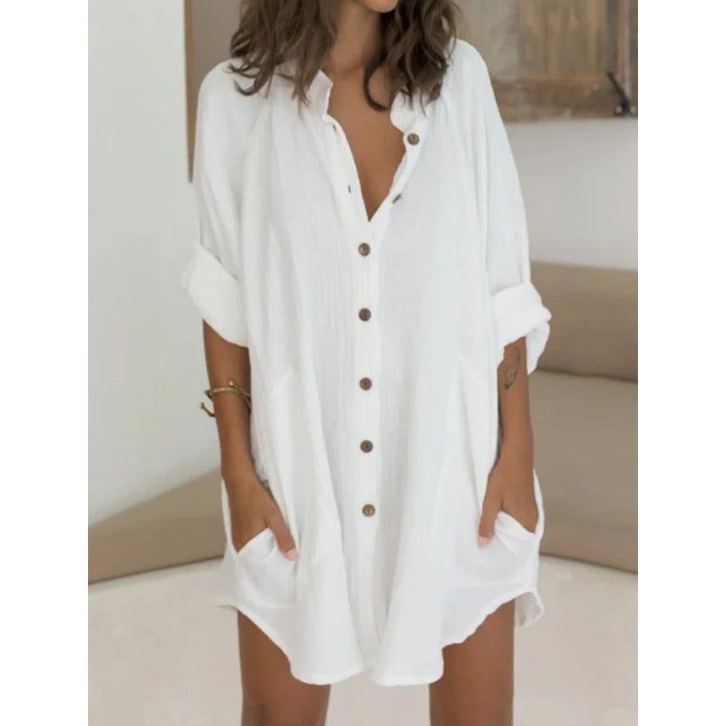 Tops  | Women's Cotton And Linen Breasted Mid Length Short Sleeve Loose Top | [option1] |  [option2]| thecurvestory.myshopify.com